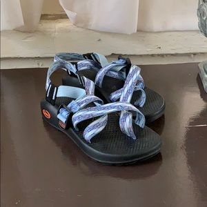 Light Blue and Coral Chaco Z2 sandals